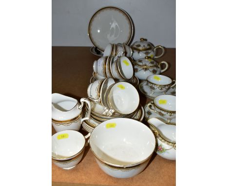 A GROUP OF NORITAKE AND CROWN STAFFORDSHIRE TEAWARES, comprising a hand painted Noritake teapot, covered sugar bowl, milk jug