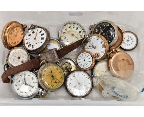 A BOX OF ASSORTED POCKET WATCHES, WRISTWATCHES AND WATCH PARTS, to include an AF silver open face pocket watch, round white d