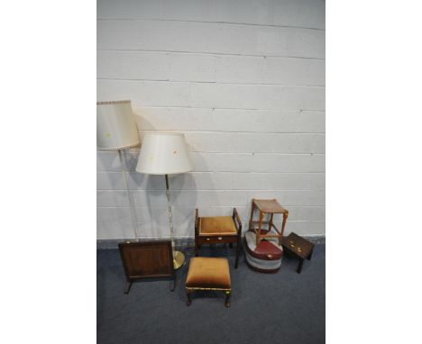 AN ATCRAFT PIANO STOOL, with a hinged lid, a brass and onyx standard lamp, another standard lamp, an oak fire screen, a rush 
