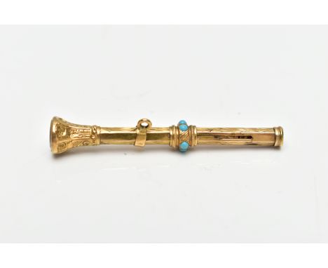 A VICTORIAN YELLOW METAL MINIATURE PROPELLING PENCIL, decorated with a floral engraving and turquoise cabochon accents, quart