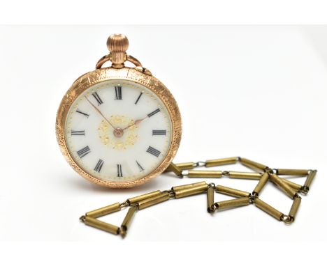 A 14CT GOLD OPEN FACE POCKET WATCH, manual wind, white dial, Roman numerals, yellow gold case, approximate case width 35mm, f