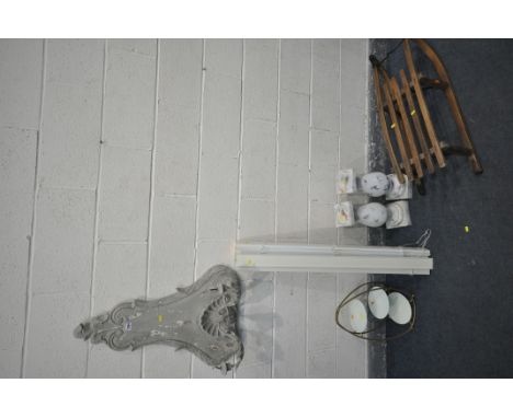 QUANTITY OF MISCELLANEOUS, to include a vintage sled, a rise and fall blind, a three tier glass and metal stand, two white pa