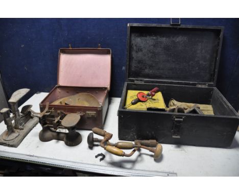 VINTAGE WOODEN TOOLCHEST to include some vintage tools, hand drills, drill bits, vintage iron, shoe last, planes etc.