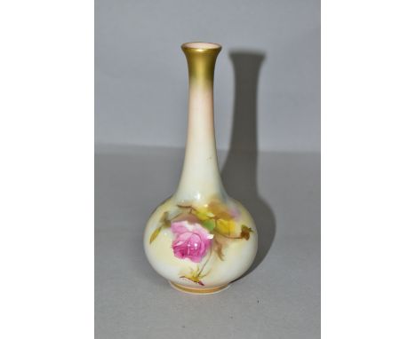 A ROYAL WORCESTER BLUSH IVORY BUD VASE OF ONION FORM, hand painted with sprays of roses, shape no. 2491, puce printed marks, 