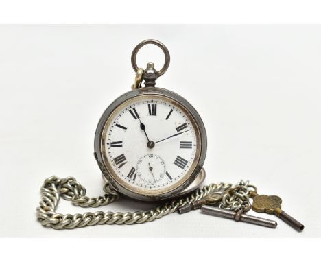 AN EARLY 20TH CENTURY SILVER OPEN FACE POCKET WATCH AND ALBERT CHAIN, the key wound pocket watch with a round white dial, Rom