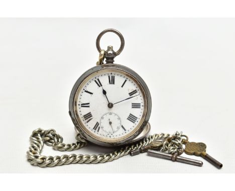 AN EARLY 20TH CENTURY SILVER OPEN FACE POCKET WATCH AND ALBERT CHAIN, the key wound pocket watch with a round white dial, Rom