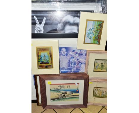 A SMALL QUANTITY OF PICTURES AND PRINTS, to include a framed photographic print of Margaret Thatcher bearing a signature belo