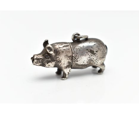 A MINIATURE WHITE METAL NOVELTY PENCIL, in the form of a small pig, integrated pencil holder, fitted with a jump ring, approx
