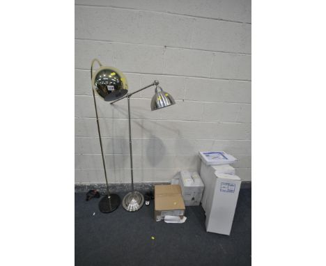 A SELECTION OF LIGHTING, to include a brassed standard lamp, another standard lamp, a boxed Siren copper finish ceiling light