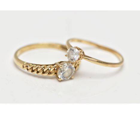 TWO 14CT GOLD RINGS, the first a yellow gold tapered chain link style ring set with a single circular cut cubic zirconia, hal