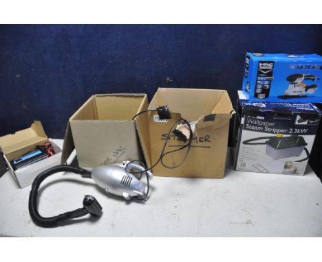 A SELECTION OF ELECTRICAL ITEMS to include a Mac Allister MEMS240 sander, Wickes steam stripper, Unbranded wallpaper steamer,