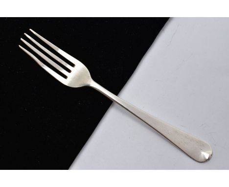 A SINGLE WHITE METAL FORK, Hanoverian polished pattern fork, engraved crest to the reverse of the terminal, possibly Scottish