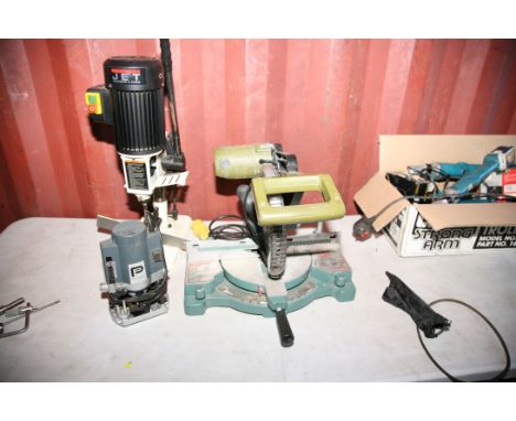 A RUILING R3253 COMPOUND MITRE SAW 110v with 10in blade, a Jet Bench morticer 240v (missing hold down) and a Performance 1/4i