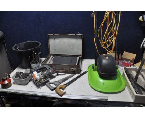 A SELECTION OF TOOLS AND MISCELLANEOUS to include a Challenge hover lawn mower, Metabo jigsaw model No unknown (both UNTESTED