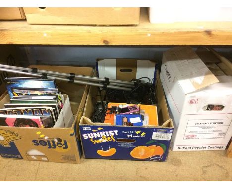 Shelf of assorted, camera, comics etc.