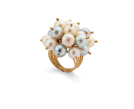  A pair of cultured pearl earrings and a cluster ring  The earrings formed of a cluster of 5.5 - 8.9mm cultured pearls, of wh
