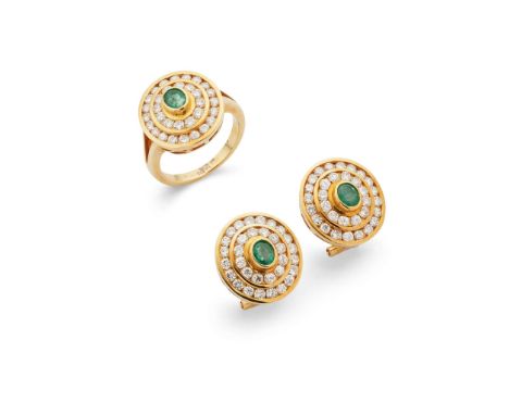 A pair of emerald and diamond earrings and ring suite  Each collet-set oval-cut emerald, within a tiered double surround of 