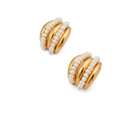  A pair of seed pearl earrings  Each wide earring set with two courses of seed pearls, post and clip fittings, length 2.8cm  
