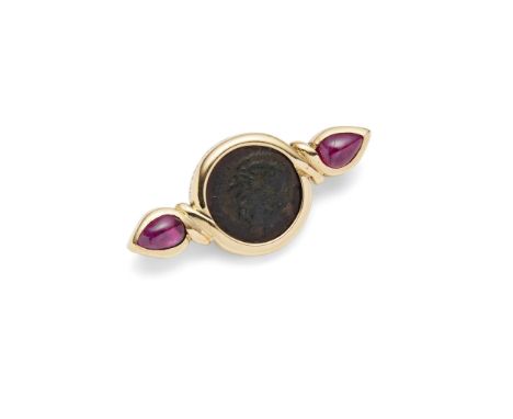  Bulgari: A ruby 'Monete' brooch, late 20th century  Centrally collet-set with an ancient coin commemorating Constantine the 