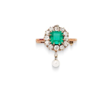  An emerald, diamond and pearl brooch / pendant, late 19th century  The step-cut emerald within an old brilliant-cut diamond 