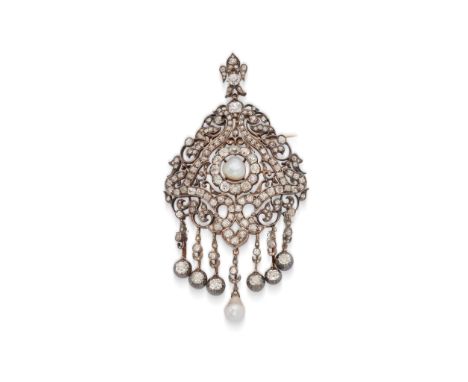  A pearl and diamond brooch/pendant, circa 1895  The detachable fleur-de-lys surmount set with rose, old brilliant-cut and cu