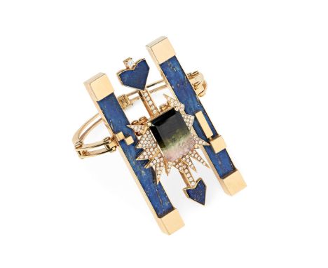  A watermelon tourmaline, lapis lazuli and diamond bangle  The central motif modelled as an arrow with a lapis lazuli arrowhe