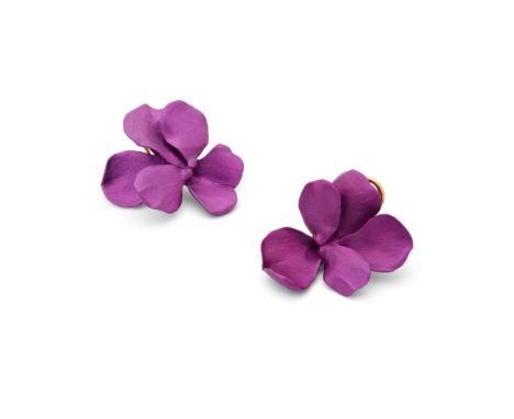  JAR: A pair of aluminium flower earclips, 2002  Each deep purple pansy of anodised aluminium, signed JAR, clip fittings, len