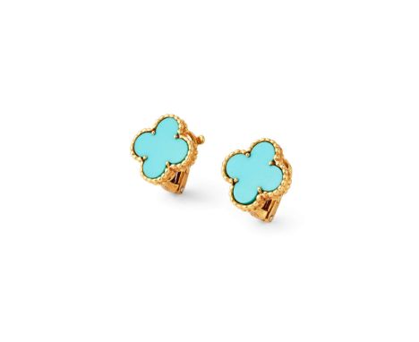  Van Cleef & Arpels: A 'Vintage Alhambra' turquoise earrings  Each turquoise quatrefoil, in a perlée surround, signed VCA, ma