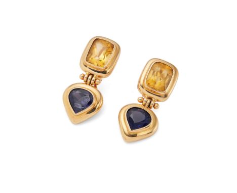  A pair of iolite and citrine pendent earrings  Each cushion-shaped citrine surmount, suspending a pear-shaped iolite drop, a