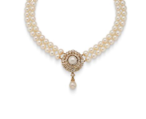  A pearl and diamond choker  The detachable late 19th century circular pendant set with concentric circles of old brilliant-c