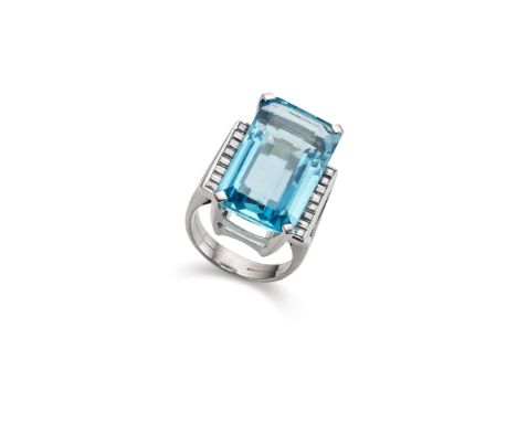  An aquamarine and diamond dress ring  The step-cut aquamarine, in a four-claw setting, between courses of baguette-cut diamo