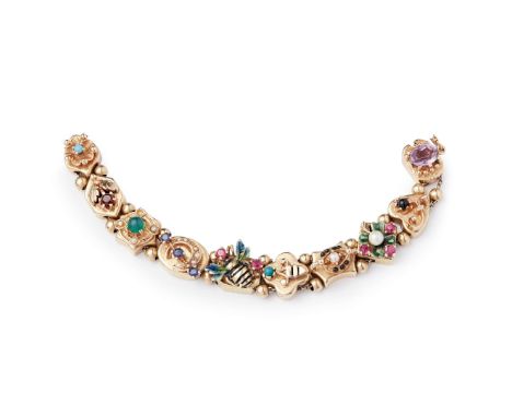  An enamel and seed pearl novelty bracelet  Each unique link adorned with a detailed motif including an enamelled bumblebee w