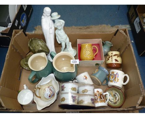 A quantity of china including six Royal Worcester ramekins, boxes, German made commemorative cream jug for the reign of Queen
