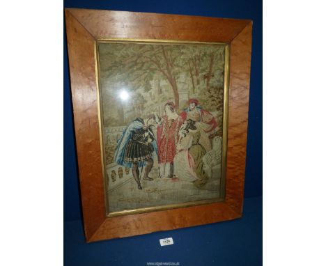 A Victorian tapestry panel worked in wool of an Italianate scene in the Renaissance manner, in a glazed maple frame, 24'' x 1