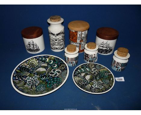 A quantity of Portmeirion to include Magic Garden;  two plates, Tivoli;  three small storage jars with cork lids, Ships;  two