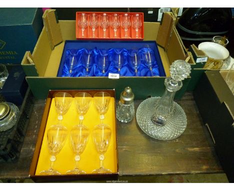 A quantity of glass including a boxed set of Cathedral Crystal wine glasses, Bohemian glass champagne flutes, Brierley sugar 