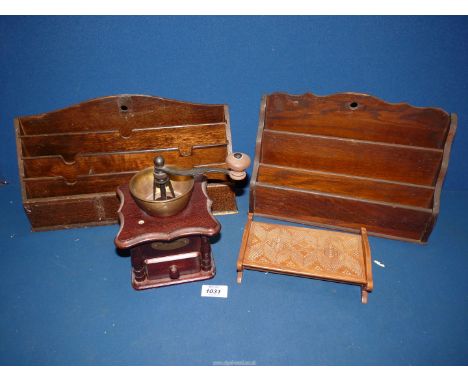 A 20th c pine Letter Rack with shaped back, 12'' long, another letter rack, 14'' long,and Art Deco playing card box and a Whi