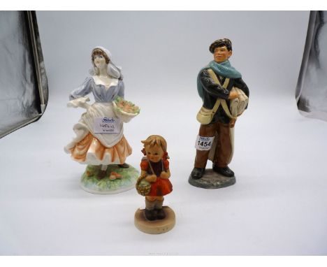 Three china figures including Royal Doulton 'Newsboy', Royal Worcester 'Rosie Picking Apples' and a Goebel girl with a rucksa