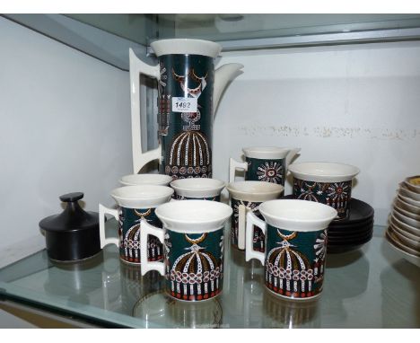Portmeirion, Magic City Coffee set to include coffee pot, jug, bowl and six cups and saucers (some crazing).