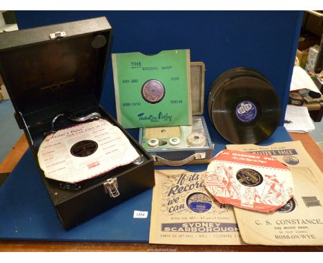 A wind-up Columbia Gramophone 1953, plus Columbia records and a Pye portable radio.