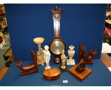 A quantity of Treen including bookends and Barometer/Thermometer plus composite figures, etc.