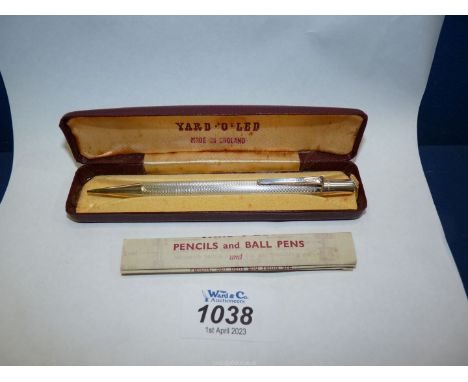 A silver 'Yard-o-Led' English Propelling Pencil wit engine turned decoration, London 1965, as new in original faux leather bo