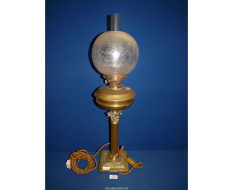 An Oil lamp converted to a side lamp having brass classical pillar, etched shade, converted to electric and re-wired by Chris