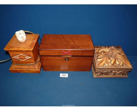 A cubic pillar Lamp base plus lidded square pot and Mahogany box.