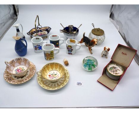 A quantity of china including four children's mugs including The Fimbles, Noddy, Bob the Builder etc, two Paragon teacups and