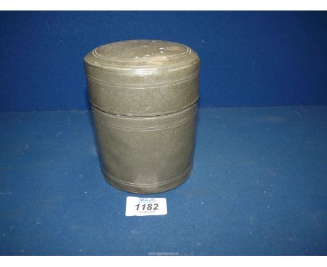 A Chinese pewter Swatow tea Caddy, engraved circa 1900 with flowers and birds, marks to base, 5 1/4'' tall.