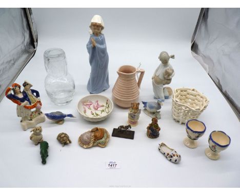 A small quantity of china comprising of a Nao girl praying, Beswick Beatrix Potter mouse, a/f and a ceramic white woven jardi