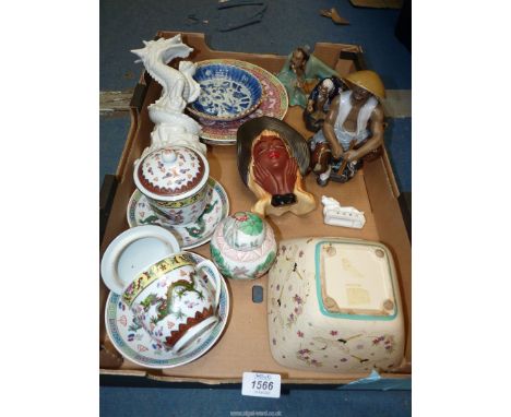 A quantity of oriental china including white Dragon, oriental figures, plates, lidded cups and saucers etc.