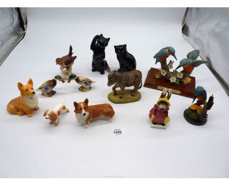 A quantity of china figures including Goebel Wren (damaged leg), Sylvac Corgi, Country Bird Collection Kingfisher, Wildlife C