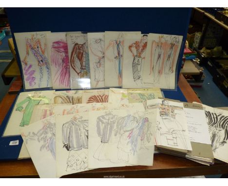 Two folders of Leslie Poole Haute Couture fashion sketches from the 1970's (approximately 60-70), mainly in colour ( Leslie P